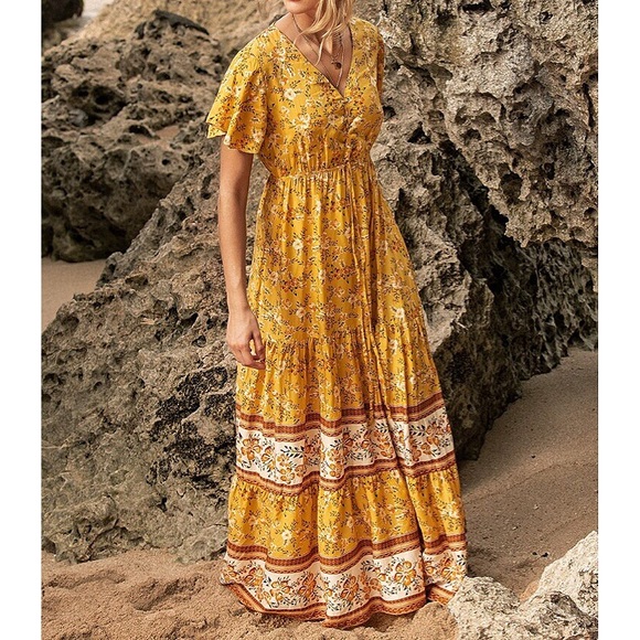 🌼 YELLOW BOHO FLORAL MAXI DRESS! - Picture 3 of 10